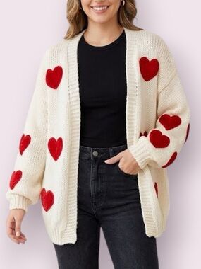 BiBi Embroidered Heart Cardigan Open Front Sweater Cream Red Medium
